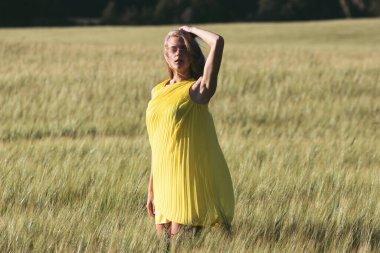 Sarışın kız yeşil arpa tarlasında poz veriyor ve yaz mevsiminin tadını çıkarıyor. Sarı elbiseli kız..