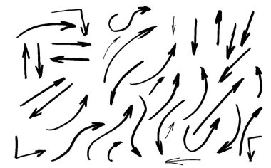 İzole edilmiş vektör el okları beyaz arka plana yerleştirildi. Çizim stili. Ok simgeleri vektör el düzenlenebilir kümesi. El çizilmiş vektör eğimli oklar kümesi.