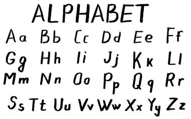 Bir sürü harf. El çizimi alfabe. Beyaz arka planda siyah harfler. ABC, karalama alfabesi. Ayrı mektuplar. El çizimi vektör alfabesi
