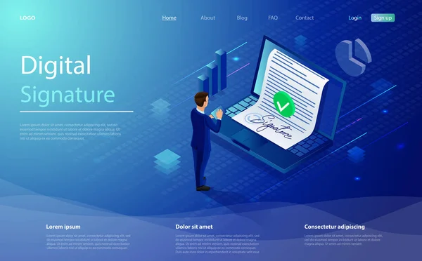 Digital signatur, affärsman signera på smartphone. Smart kontrakt koncept. Isometrisk elektronisk signatur. Affärsman som lägger ut elektroniska signaturer på dokument. Avtal om godkännande av e-tecken — Stock vektor