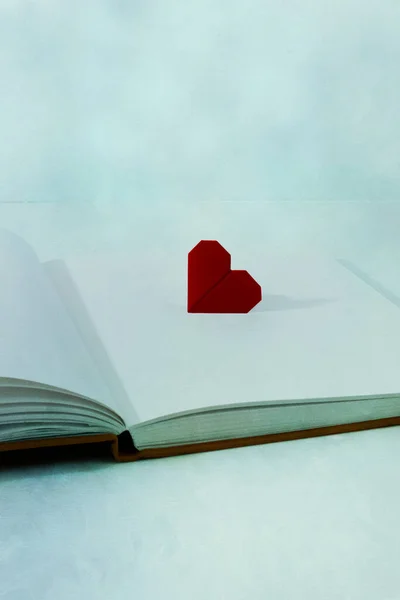 Origami kalbiyle mavi bokeh arkaplan üzerinde kopyalama alanı olan bir defter aç 