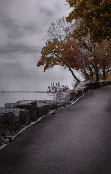 Paysage Automne Avec Sentier Lac Phare Avec Espace Copie — Photo