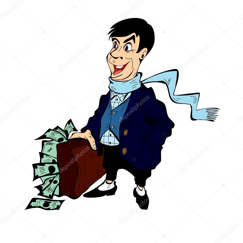 Rich man with a suitcase full of money, isolated on white background