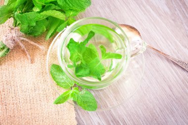 Tea with fresh mint leaves in a transparent cup on the table