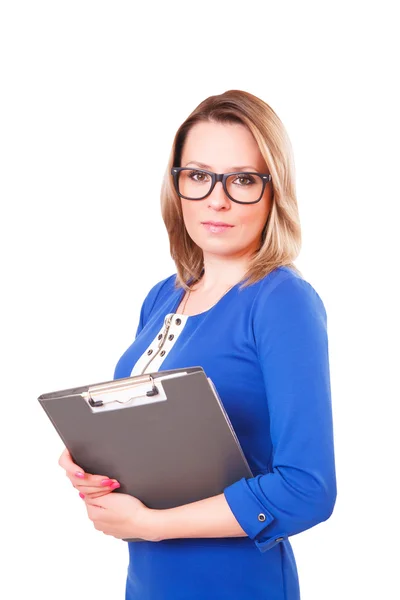 Retrato de una mujer en gafas y con carpeta en las manos —  Fotos de Stock