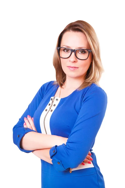 Porträt einer Frau mit Brille und blauem Kleid — Stockfoto