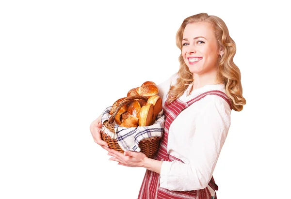 Portrait of a smiling young woman with pastries in her hands — Stock Photo, Image