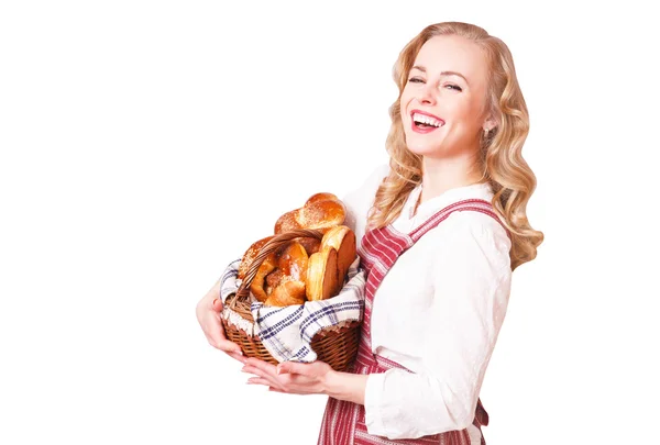 Portrait of cute smiling woman with pastries in her hands — Stock Photo, Image