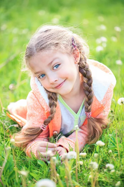 Menina bonito no prado no dia de verão — Fotografia de Stock