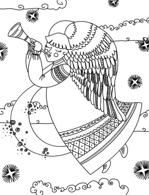 Gece gökyüzünde uçan bir flüt ile melek. Beyaz arka plan üzerinde izole.