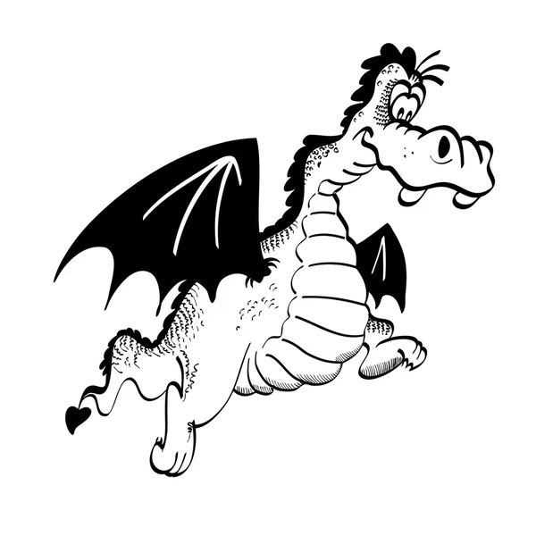 Illustration en noir et blanc d'un dragon de dessin animé heureux . — Image vectorielle