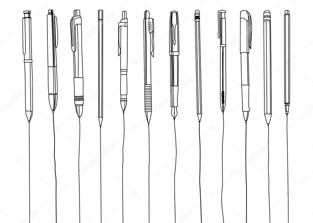 Pens and pencils in a row, contour illustration.