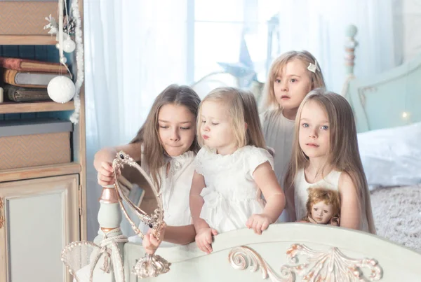 Little Girls Play Bedroom Morning Christmas Concept Family Sisterhood Friendship — Stock Photo, Image