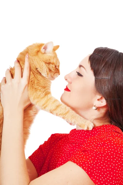 Woman holds in hands red cat Royalty Free Stock Images