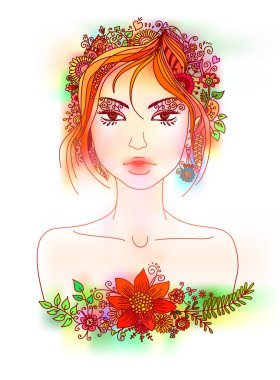 Saçında çiçekler olan güzel bir kız