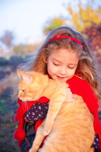 Little girl holding a big red cat — Stock Photo, Image