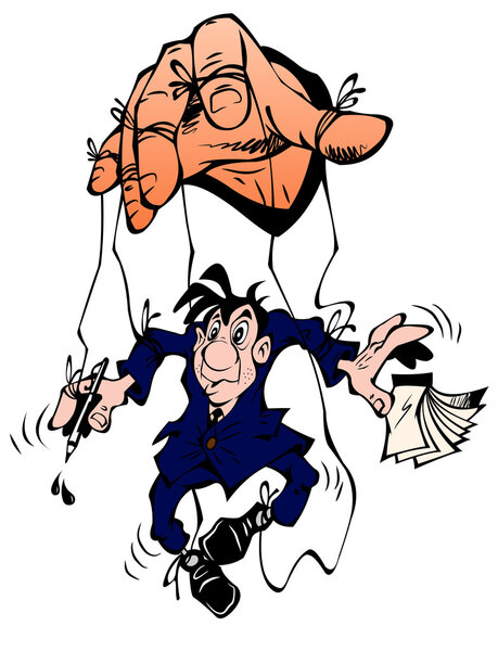 Рука управляет человеком в костюме
