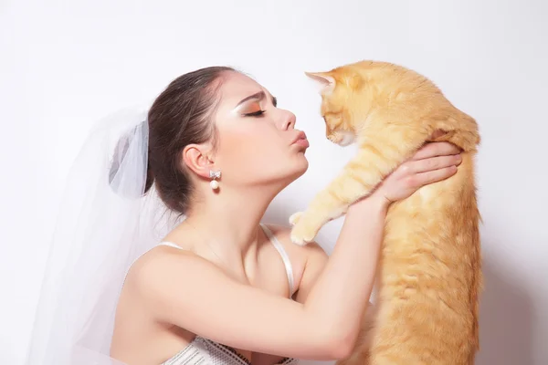 Bella sposa con gatto rosso — Foto Stock