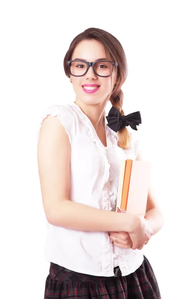 Donna con un libro in mano, isolata su bianco — Foto Stock