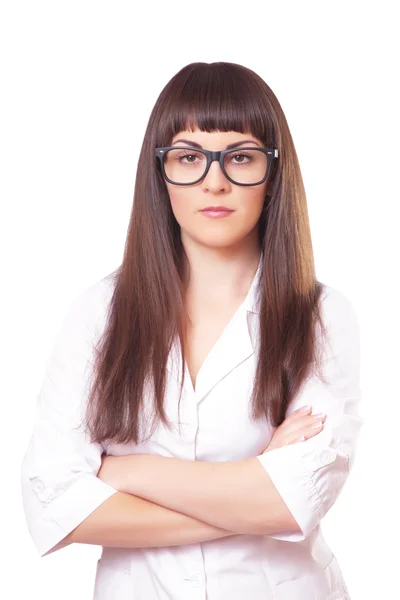 Donna in camice bianco e occhiali — Foto Stock