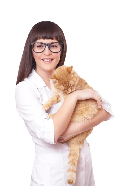 Retrato de uma bela mulher segurando gato vermelho — Fotografia de Stock