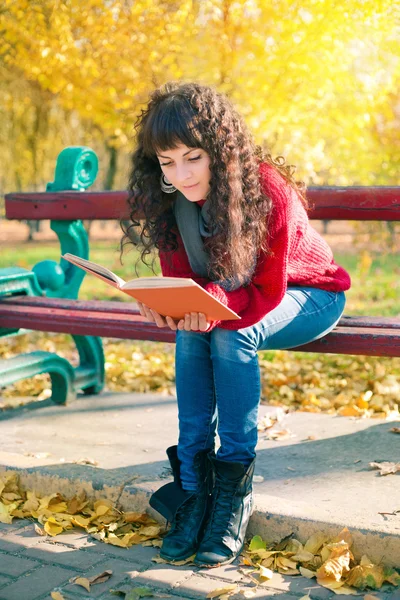 Genç kadın sonbahar Park bir kitap okuma — Stok fotoğraf