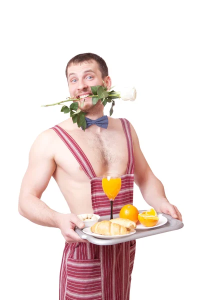 Cute young man holding a tray of food — Stock Photo, Image