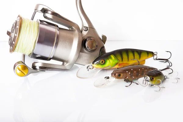 Spinning rod and reel with wobbler lure — Stock Photo, Image