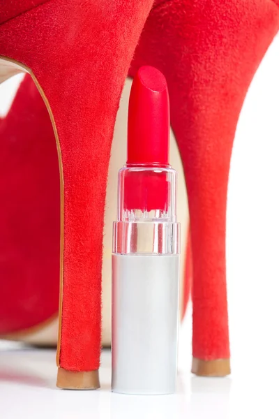 High heels shoes and red lipstick — Stock Photo, Image