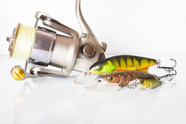 Spinning rod and reel with wobbler lure — Stock Photo, Image