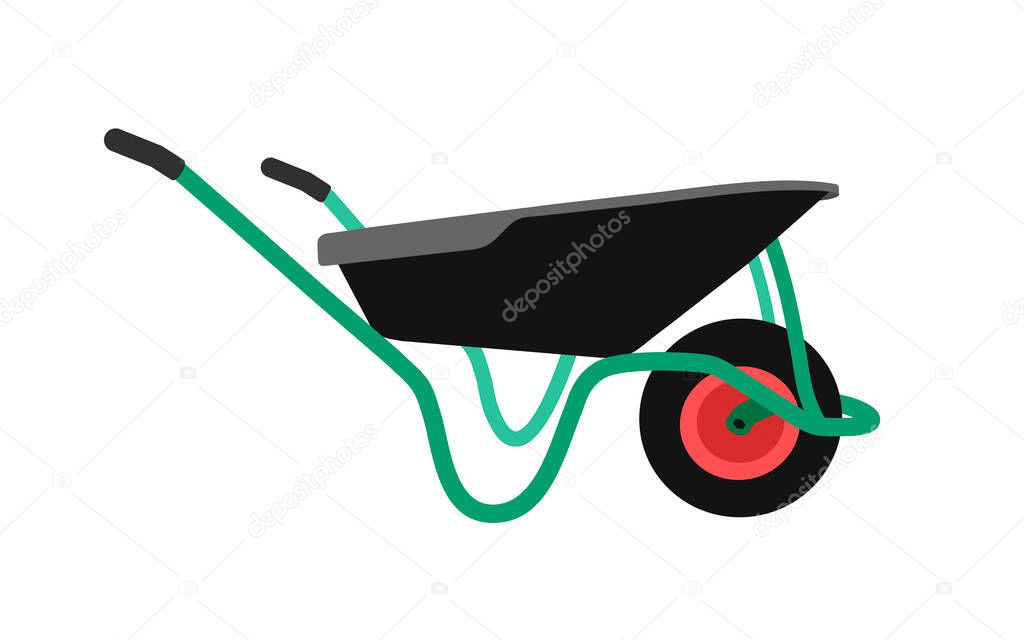 green wheelbarrow on one wheel for summer cottages and construction.