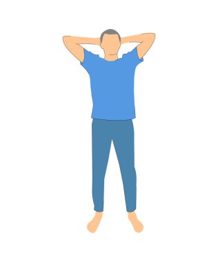 Adam ellerini başının arkasına attı. Beyaz arka planda büyüyen bir adam. poz