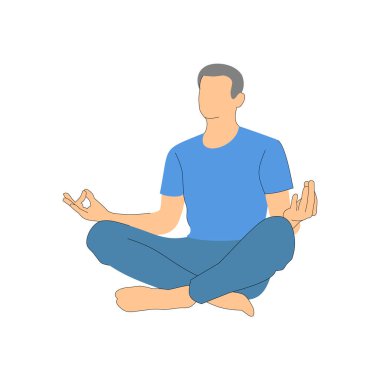 Meditasyon. Adam bacak bacak üstüne atmış oturuyor. Beyaz arkaplanda illüstrasyon