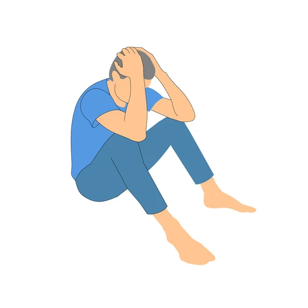 Adam oturur ve başını tutar. poz ver adamım