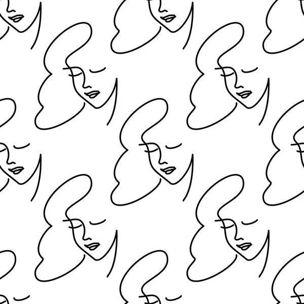 Girl Face One Line Seamless Pattern Stylized — Stock Vector