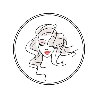 Genç kız vektör logosu bir güzellik salonu için daire çiziyor. Güzel saç stili ve makyaj. kozmetoloji
