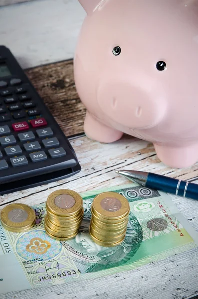 Poolse munten en piggy bank. Berekening van de besparingen. — Stockfoto