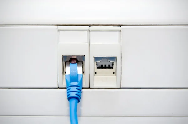 Ethernet καλώδιο που είναι συνδεδεμένο στην υποδοχή στον τοίχο — Φωτογραφία Αρχείου