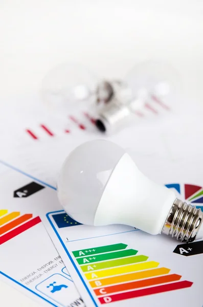 LED light bulb on energy efficiency chart — Stock Photo, Image