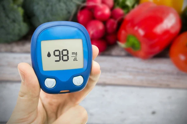 Hand holding meter. Diabetes doing glucose level test. — Stock Photo, Image