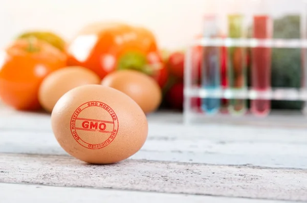 Яйця з модифікованою маркою GMO. Генетично модифікована концепція їжі — стокове фото