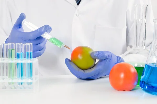 Technician uses a syringe. Genetic modification of fruits and vegetables — Stock Photo, Image