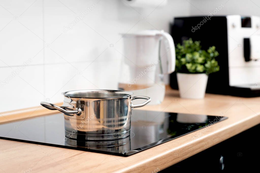 Pot in the kitchen on the induction hob. Induction electrical stove
