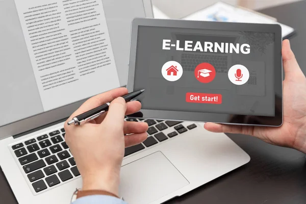 Man Using Learning Application Tablet Video Conference Teacher Online Webinar — Stock Photo, Image