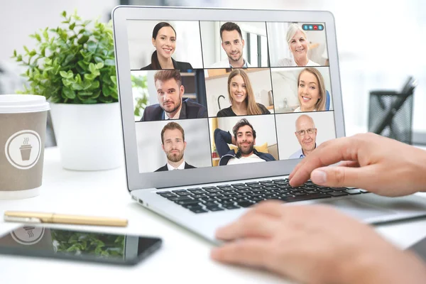 Video Conference Multiple Employees Laptop Application Remote Work Study Home — Stock Photo, Image