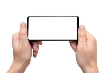 Aygıt modeli, mobil beyaz üzerinde izole. Modern akıllı telefon ellerinde.