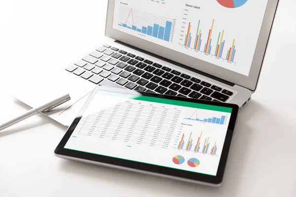Zakelijke Analytics Toepassingen Tablet Laptop Begrip Financiële Gegevensanalyse — Stockfoto