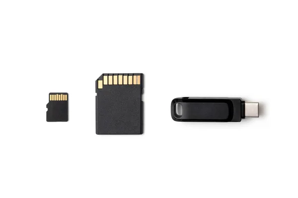 Multiple Storage Devices Pendrive Memory Cards Isolated Top View — Stock Photo, Image