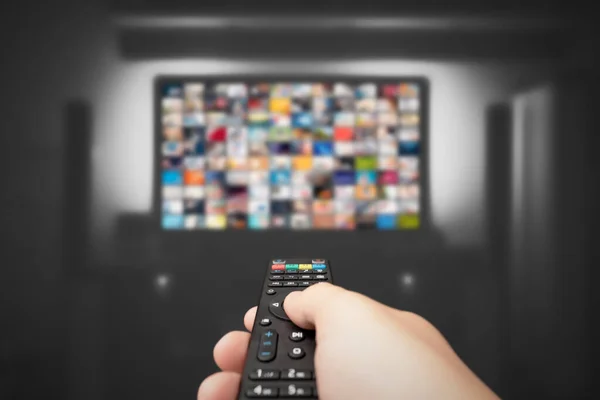 Video Demand Streaming Multimedia Hand Holding Remote Control — Stock Photo, Image