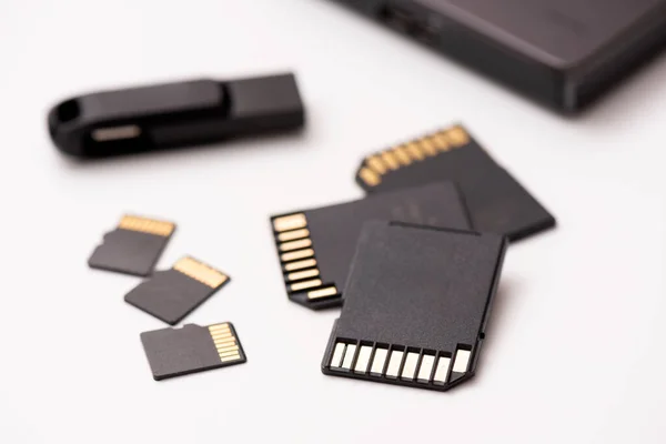 Multiple Storage Devices Memory Cards White Background — Stock Photo, Image